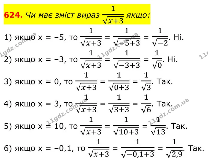 624. Чи має зміст вираз 1x+3 якщо: — ГДЗ Алгебра 8 клас Тарасенкова