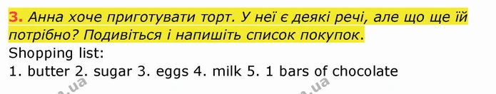 3. Анна хоче приготувати торт. У неї є деякі речі, але що ще їй потрібно? Подивіться і напишіть список покупок. — ГДЗ Зошит Англійська мова 4 клас Мітчелл