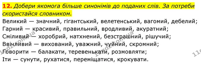 12. Добери якомога більше синонімів до поданих слів. За потреби скористайся словником. — ГДЗ Українська мова 6 клас Онатій