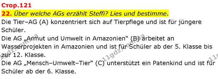 22. Über welche AGs erzählt Steffi? Lies und bestimme. — ГДЗ Німецька мова 7 клас Басай