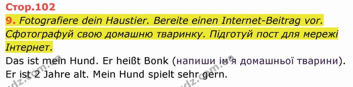 9. Fotografiere dein Haustier. Bereite einen Internet-Beitrag vor. Сфотографуй свою домашню тваринку. Підготуй пост для мережі — ГДЗ Німецька мова 5 клас Сотникова (1 рік)