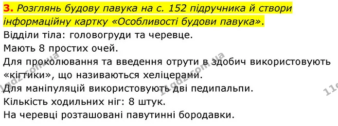 3. Розглянь будову павука на с. 152 підручника й створи інформаційну картку «Особливості будови павука». — ГДЗ робочий зошит Біологія 7 клас Тагліна