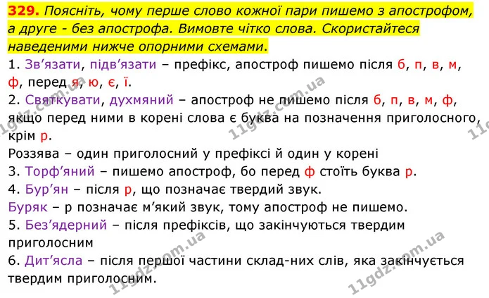 329. Поясніть, чому перше слово кожної пари пишемо з апострофом, а друге - без апострофа. Вимовте чітко слова. Скористайтеся наведеними — ГДЗ Українська мова 5 клас Заболотний 2022