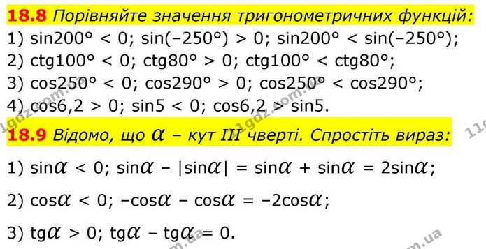 18.8 Порівняйте значення тригонометричних функцій: — ГДЗ Алгебра 10 клас Мерзляк 2018