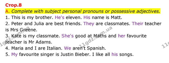 A. Complete with subject personal pronouns or possessive adjectives. — ГДЗ Зошит граматика Англійська мова Мітчелл