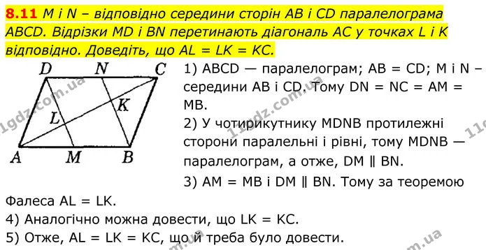 8.11 M і N – відповідно середини сторін AB і CD паралелограма ABCD. Відрізки MD і BN перетинають діагональ AC у точках L і K — ГДЗ Геометрія 8 клас Істер