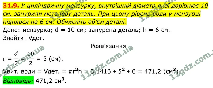 31.9. У циліндричну мензурку, внутрішній діаметр якої дорівнює 10 см, занурили металеву деталь. При цьому рівень води у мензурці — ГДЗ Геометрія 9 клас Істер 2026