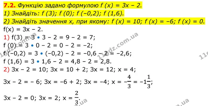7.2. Функцію задано формулою f (x) = 3x – 2. — ГДЗ Алгебра 9 клас Мерзляк 2026