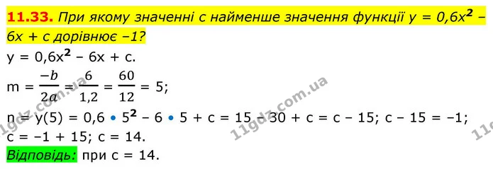 11.33. При якому значенні c найменше значення функції y = 0,6x2 – 6x + c дорівнює –1? — ГДЗ Алгебра 9 клас Мерзляк 2026