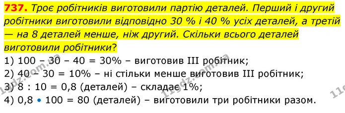 737. Троє робітників виготовили партію деталей. Перший і другий робітники виготовили відповідно 30 % і 40 % усіх деталей, а третій — на — ГДЗ Математика 6 клас Кравчук 2023