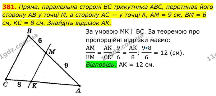 381. Пряма, паралельна стороні BC трикутника ABC, перетинав його сторону AB у точці М, а сторону AC — у точці К, AM = 9 см, BM = 6 см — ГДЗ Геометрія 8 клас Мерзляк