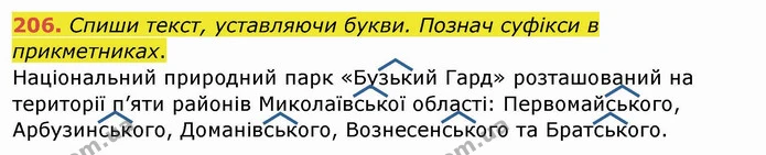 206. Спиши текст, уставляючи букви. Познач суфікси в прикметниках. — ГДЗ Українська мова та читання 4 клас Кравцова