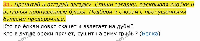 31. Прочитай и отгадай загадку. Спиши загадку, раскрывая скобки и вставляя пропущенные буквы. Подбери к словам с пропущенными буквами — ГДЗ Русский язык и чтение 4 класс Лапшина 1 ч.