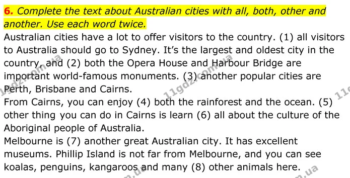 6. Complete the text about Australian cities with all, both, other and another. Use each word twice. — ГДЗ Англійська мова 7 клас Коста