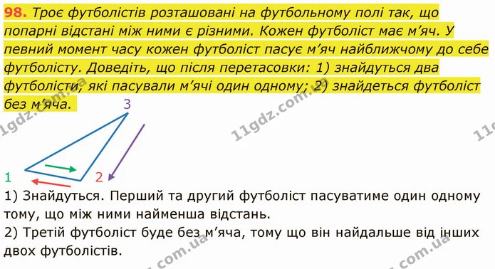 98. Троє футболістів розташовані на футбольному полі так, що попарні відстані між ними є різними. Кожен футболіст має м’яч. У певний — ГДЗ Математика 5 клас Кравчук