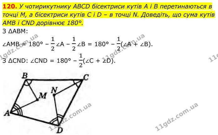 120. У чотирикутнику ABCD бісектриси кутів А і В перетинаються в точці М, а бісектриси кутів C і D – в точці N. Доведіть, що сума кутів — ГДЗ Геометрія 8 клас Бурда