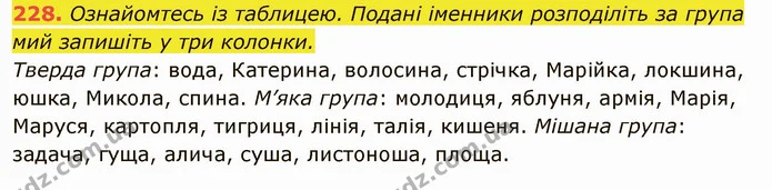 228. Ознайомтесь із таблицею. Подані іменники розподіліть за група мий запишіть у три колонки. — ГДЗ Українська мова 6 клас Глазова