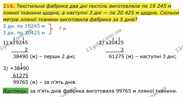 216. Текстильна фабрика два дні поспіль виготовляла по 19 245 м лляної тканини щодня, а наступні 3 дні — по 20 425 м щодня. Скільки — ГДЗ Математика 4 клас Оляницька