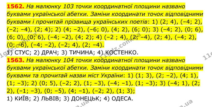 1562. На малюнку 103 точки координатної площини названо буквами української абетки. Заміни координати точок відповідними буквами і — ГДЗ Математика 6 клас Істер 2023 1-2 ч.