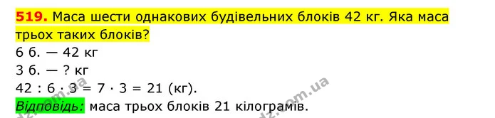 519. Маса шести однакових будівельних блоків 42 кг. Яка маса трьох таких блоків? — ГДЗ Математика 3 клас Будна 1-2 ч.