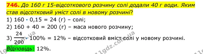 746. До 160 г 15-відсоткового розчину солі додали 40 г води. Яким став відсотковий уміст солі в новому розчині? — ГДЗ Математика 6 клас Істер 2023 1-2 ч.