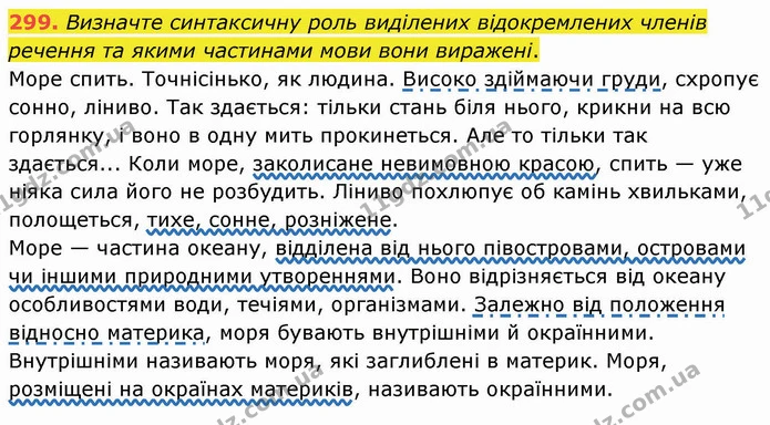 299. Визначте синтаксичну роль виділених відокремлених членів речення та якими частинами мови вони виражені. — ГДЗ Українська мова 8 клас Заболотний 2021