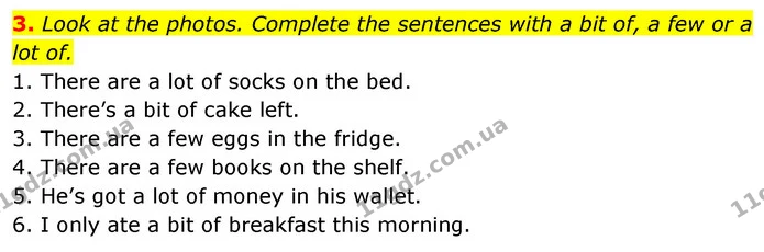 3. Look at the photos. Complete the sentences with a bit of, a few or a lot of. — ГДЗ Англійська мова 6 клас Коста (Prepare 6)
