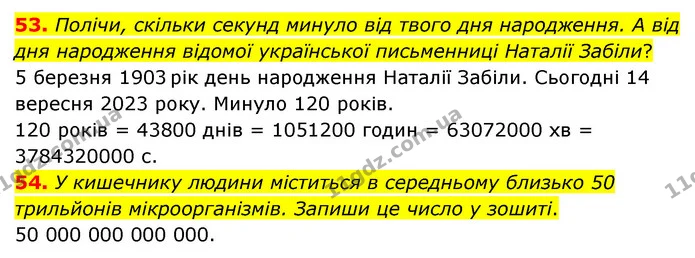 53. Полічи, скільки секунд минуло від твого дня народження. А від дня народження відомої української письменниці Наталії Забіли? — ГДЗ Математика 5 клас Бевз