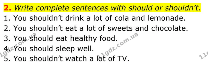 2. Write complete sentences with should or shouldn’t. — ГДЗ Англійська мова 6 клас Коста (Prepare 6)