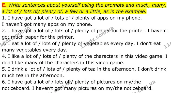 E. Write sentences about yourself using the prompts and much, many, a lot of / lots of/ plenty of, a few or a little, as in the — ГДЗ граматика Англійська мова 7 клас Мітчелл