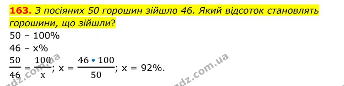 163. З посіяних 50 горошин зійшло 46. Який відсоток становлять горошини, що зійшли? — ГДЗ Математика 6 клас Бевз 1-2 ч.