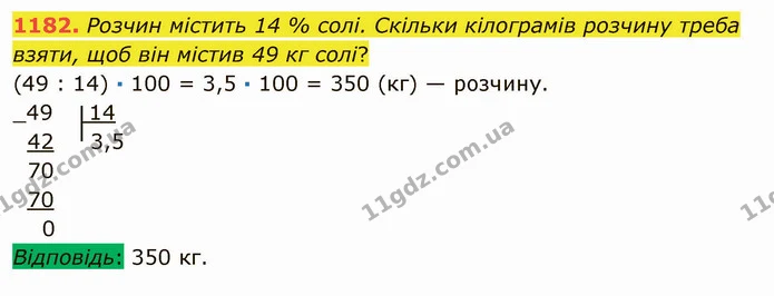1182. Розчин містить 14 % солі. Скільки кілограмів розчину треба взяти, щоб він містив 49 кг солі? — ГДЗ Математика 5 клас Мерзляк