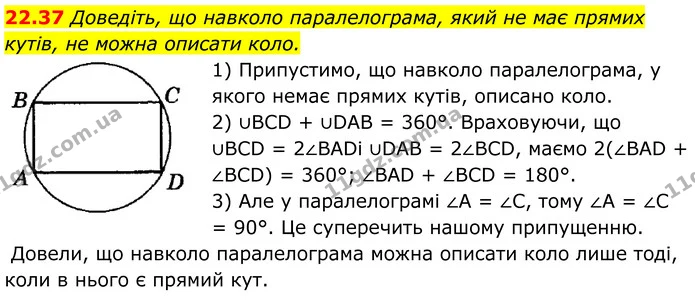 22.37 Доведіть, що навколо паралелограма, який не має прямих кутів, не можна описати коло. — ГДЗ Геометрія 8 клас Істер