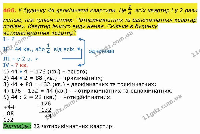 466. У будинку 44 двокімнатні квартири. Це всіх квартир і у 2 рази менше, ніж трикімнатних. Чотирикімнатних та однокімнатних квартир — ГДЗ Математика 4 клас Лишенко 1-2 ч.