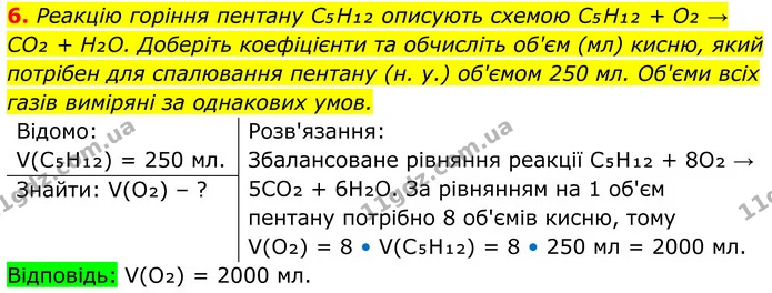 6. Реакцію горіння пентану C₅H₁₂ описують схемою C₅H₁₂ + O₂ → CO₂ + H₂O. Доберіть коефіцієнти та обчисліть об'єм (мл) кисню, який — ГДЗ Хімія 8 клас Мідак