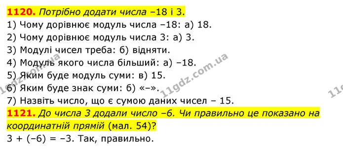1120. Потрібно додати числа –18 і 3. — ГДЗ Математика 6 клас Тарасенкова 2023 1-2 ч.