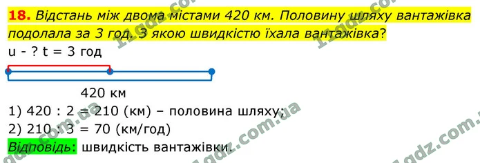 18. Відстань між двома містами 420 км. Половину шляху вантажівка подолала за 3 год. З якою швидкістю їхала вантажівка? — ГДЗ Математика 4 клас Логачевська 1-2 ч. 2021