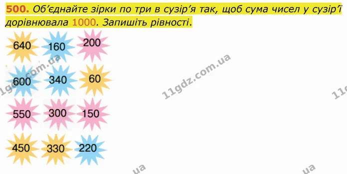 500. Об’єднайте зірки по три в сузір’я так, щоб сума чисел у сузір’ї дорівнювала 1000. Запишіть рівності. — ГДЗ Математика 4 клас Оляницька