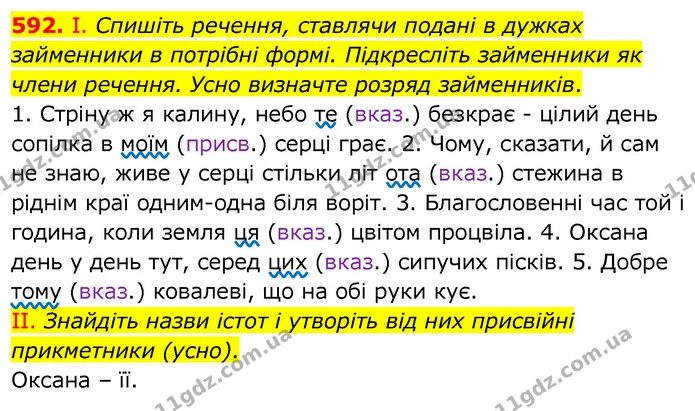 592. І. Спишіть речення, ставлячи подані в дужках займенники в потрібні формі. Підкресліть займенники як члени речення. Усно визначте — ГДЗ Українська мова 6 клас Заболотний 2020