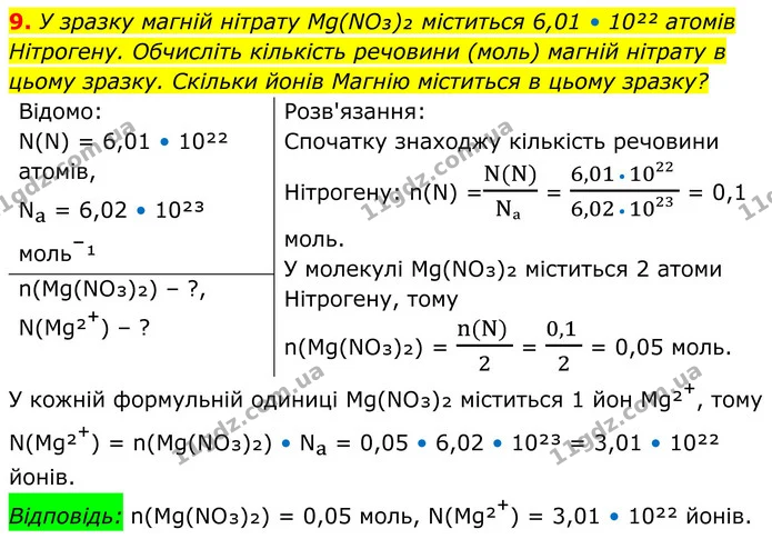 9. У зразку магній нітрату Mg(NO₃)₂ міститься 6,01 • 10²² атомів Нітрогену. Обчисліть кількість речовини (моль) магній нітрату в цьому — ГДЗ Хімія 8 клас Мідак