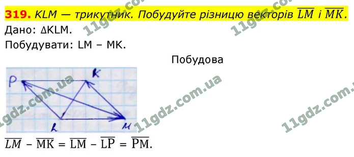 319. KLМ — трикутник. Побудуйте різницю векторів LM і MK. — ГДЗ Геометрія 9 клас Бурда 2026