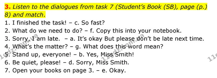 3. Listen to the dialogues from task 7 (Student’s Book (SB), page (p.) 8) and match. — ГДЗ Робочий зошит Англійська мова 5 клас Карпюк