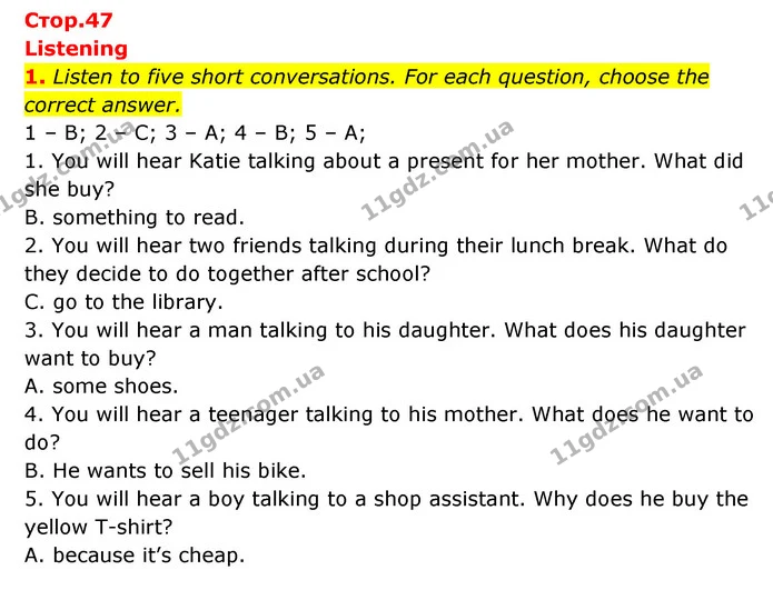1. Listen to five short conversations. For each question, choose the correct answer. — ГДЗ робочий зошит Англійська мова 6 клас Prepare