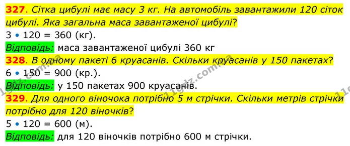 327. Сітка цибулі має масу 3 кг. На автомобіль завантажили 120 сіток цибулі. Яка загальна маса завантаженої цибулі? — ГДЗ Математика 3 клас Бевз 2 частина