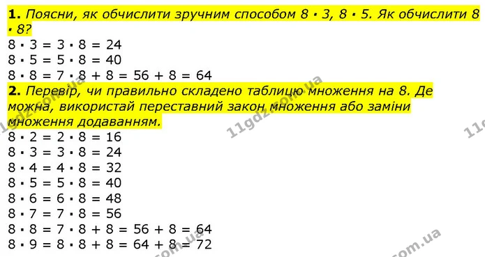 1. Поясни, як обчислити зручним способом 8 · 3, 8 · 5. Як обчислити 8 · 8? — ГДЗ Математика 2 клас Лишенко