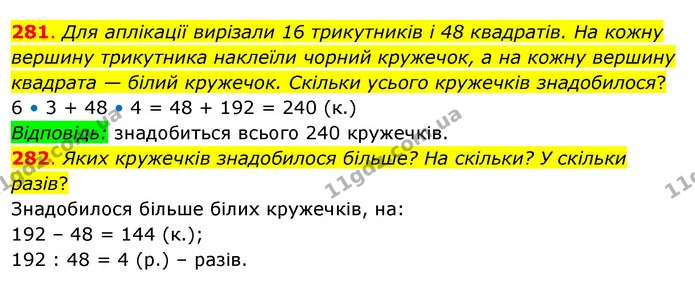 281. Для аплікації вирізали 16 трикутників і 48 квадратів. На кожну вершину трикутника наклеїли чорний кружечок, а на кожну вершину — ГДЗ Математика 3 клас Бевз 2 частина