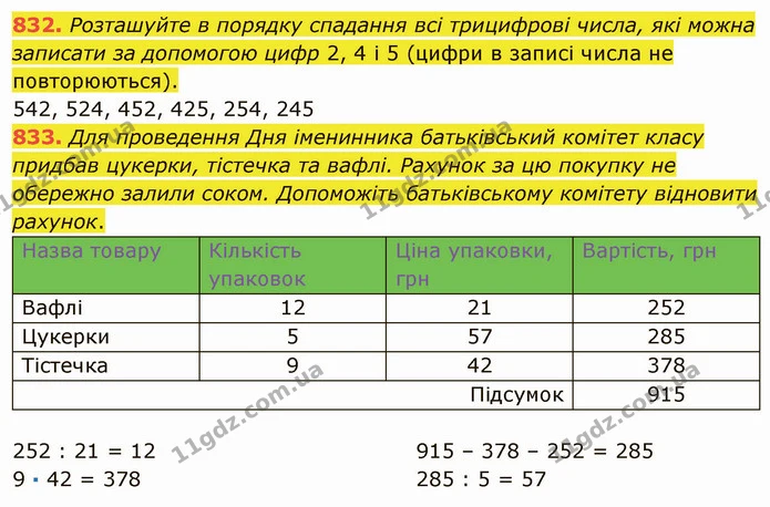 832. Розташуйте в порядку спадання всі трицифрові числа, які можна записати за допомогою цифр 2, 4 і 5 (цифри в записі числа не — ГДЗ Математика 5 клас Мерзляк