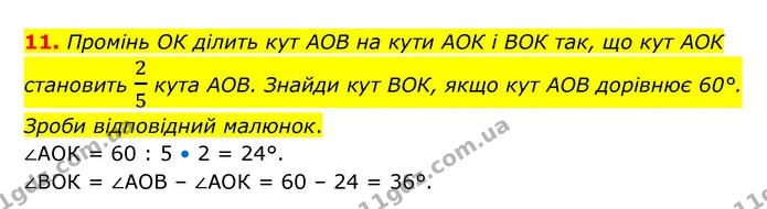 11. Промінь ОК ділить кут АОВ на кути АОК і ВОК так, що кут АОК становить 25 кута АОВ. Знайди кут ВОК, якщо кут АОВ дорівнює 60°. Зроби — ГДЗ Математика 6 клас Бевз 1-2 ч.