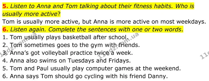5. Listen to Anna and Tom talking about their fitness habits. Who is usually more active? — ГДЗ Англійська мова 8 клас Стайрінг (Prepare)