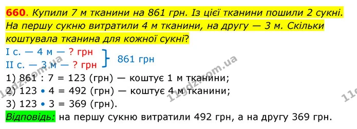660. Купили 7 м тканини на 861 грн. Із цієї тканини пошили 2 сукні. На першу сукню витратили 4 м тканини, на другу — 3 м. Скільки — ГДЗ Математика 3 клас Бевз 2 частина